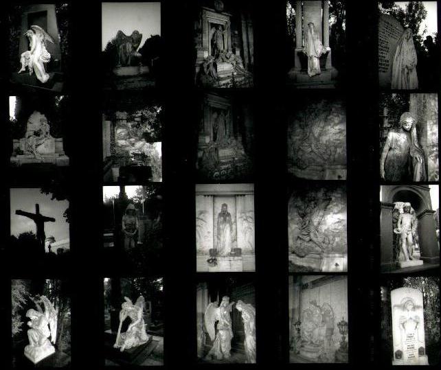 A proofsheet of black and white photographs of statues in the main Vienna Cemetery. Lots of Angels, Mourners, etc.