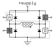 
                 o + supply
                 |:
       ----o-----o-----o----
    ..|.. _|_ ....:   _|_   |
A o--|_|  /|\         /|\  |X|--o C
    :.|....|...........|....|..
      o----o--/\/\/\/--o----o :
      |   _|_         _|_   | :
B o--|X|  /|\         /|\  |_|--o D
      |    |           |    | :
       ----o-----o-----o----  :
                _|_ ..........:
                ///
