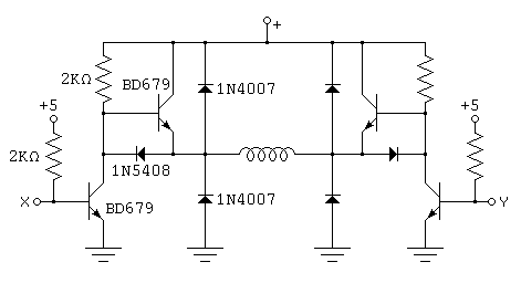 
                           o + supply
                           |
           ------o--o------o------o--o------ 
          |      |  |             |  |      |
       2K R      | _|_           _|_ |      R
          |    |/  /|\           /|\  \|    |
          o----|    | 1N4007      |    |----o
          |    |\E  |             |  E/|    |
          | BD679|  |             |  |      |
   +5     |  |/  |  |   -------   |  |  \|  |   +5
    |     o--|---o--o--|Winding|--o--o---|--o    |
 2K R     |  |\     |   -------   |     /|  |    R
    |     | 1N5408 _|_           _|_        |    |
    |   |/         /|\           /|\         \|  |
 X o-o--|  BD679    | 1N4007      |           |--o-o Y
        |\E         |             |         E/|
          |         |             |         | 
        -----     -----         -----     -----
         ///       ///           ///       ///
