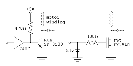 
                      \                               \
            +5v       /  motor                        /
             |        \  winding                      \
             |        /                               /
             |        |  \|                           |  \|
             R 470    o---|---                        o---|---
       |\    | ohm    |  /|                   100     |  /|
       | \   |      |/                        ohm  ||-
     o-|  ---o------|  RCA SK 3180       o--o--R---|| IRC IRL540
       | /          |\                     _|_     ||-
       |/ 7407        |             5.1 VZ /|\        |
                     _|_                   _|_       _|_
                     ///                   ///       ///
