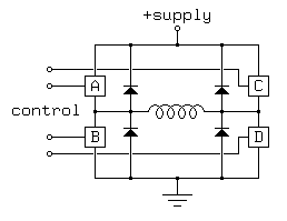 
                 o + supply
                 |
       ----o-----o-----o----
      |   _|_         _|_   |
A o--|_|  /|\         /|\  |_|--o C
      |    |           |    |
      o----o--/\/\/\/--o----o
      |   _|_         _|_   |
B o--|_|  /|\         /|\  |_|--o D
      |    |           |    |
       ----o-----o-----o----
                _|_
                ///
