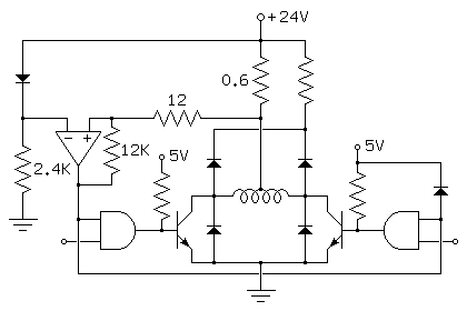 
                              o 24V
                              |
   -----o---------------------o-----
  |   __|__                   |     | 
 \|/  __ __            0.6ohm R1    R2
 -|-    |                     |     | 
  |     |       12ohm    -----|-----o 
  o-----o  ---o---R5----|-----o     | 
  |    _|_|_  |        _|_    |    _|_     o 5V
  |    \- +/  | 12K    /|\    |    /|\     |
  |     \ /   R4        |     o     |      o-------
 R3 2.4K |    |  o+5  --o--/\/ \/\--o--    |+5    _|_
 ///     o----   |   |  |           |  |   |      /|\
         |  ___  R7  | _|_         _|_ |   R8 ___  |
       o-|-|   | | |/  /|\         /|\  \| | |   |-|-o
         | |and|-o-|    |           |    |-o-|and| |
         o-|___|   |\E  |           |  E/|   |___|-o
         |           |  |           |  |           |
         |            --o-----o-----o--            |
          --------------------|--------------------
                             _|_ 
                             ///
